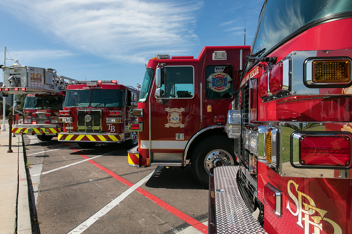 close up of 4 fire trucks