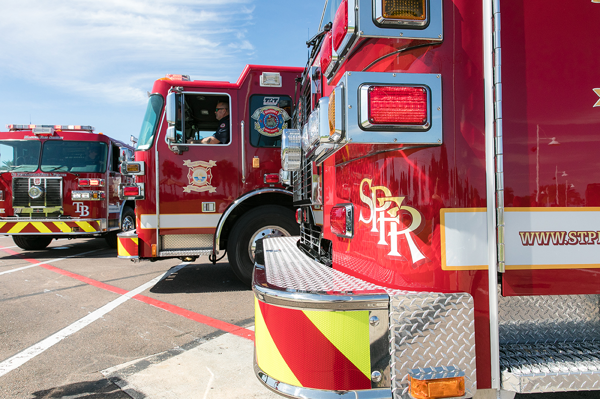 close up of 3 fire trucks