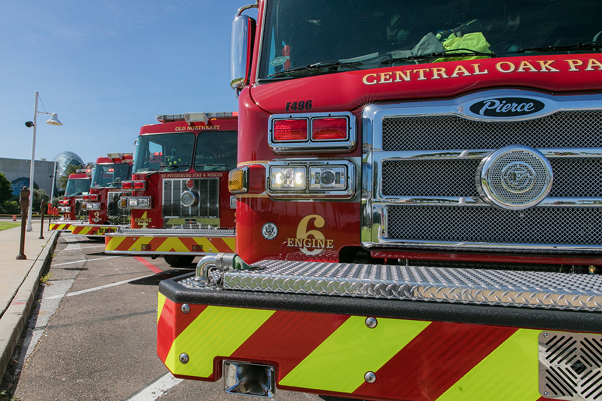 close up of 4 fire trucks