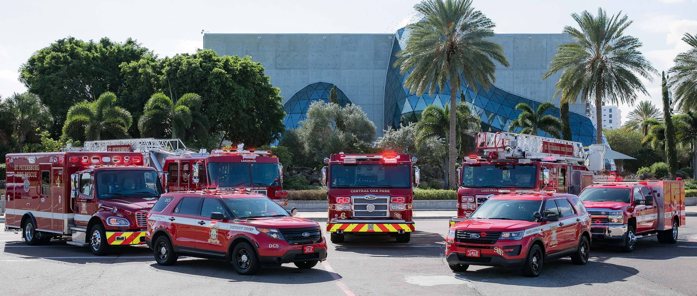 Fire apparatus fleet in front of Dali museum